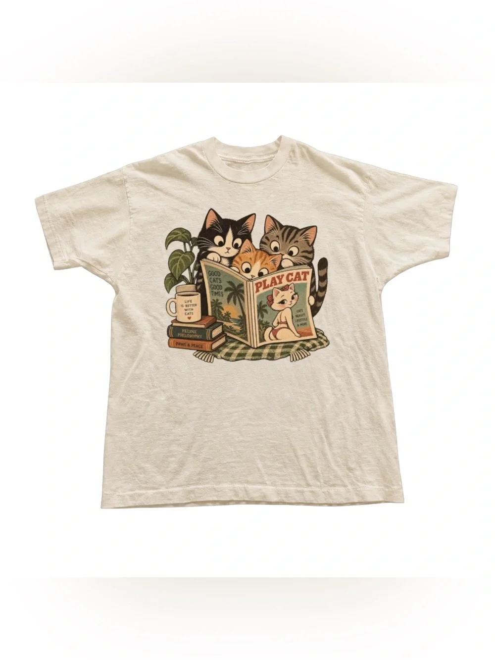 Off White Tee with Retro Three Cats Reading Graphic